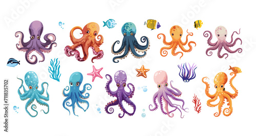 Set with hand drawn octopuses. Vector doodle cartoon set of sea life, octopus objects for your design