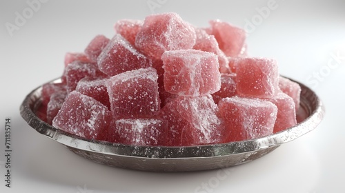 Frozen pink jelly candies on a silver plate. 3d rendering