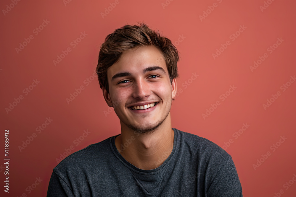 Fototapeta premium A young man in a grey shirt smiles for the camera