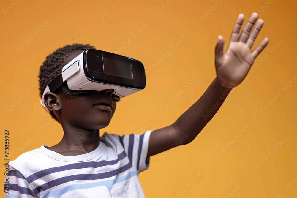 A young boy wearing a virtual reality headset reaches out his hand A young boy wearing a virtual reality headset reaches out his hand