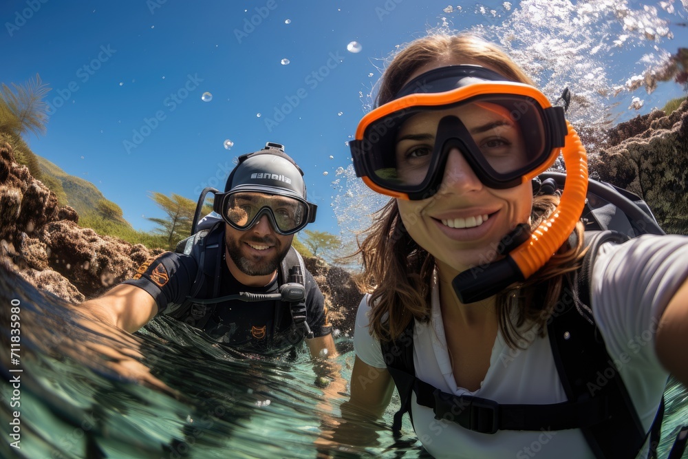 A daring couple dons scuba gear and embraces the adventure of exploring