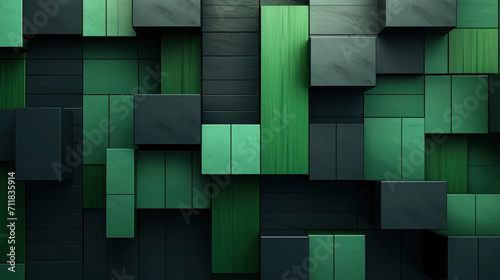 Wood as dark green and green blocks, closeup of mosaic squares, graphics for backgrounds, wallpaper, texture.	