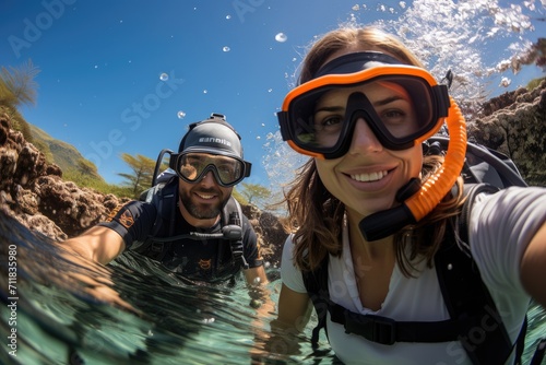 A daring couple dons scuba gear and embraces the adventure of exploring the depths of the crystal clear water, with their faces hidden behind goggles and sunglasses as they admire the stunning mounta