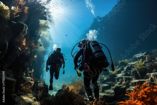 Exploring the hidden depths of the ocean, scuba divers glide through crystal clear water surrounded by vibrant coral reefs and rocky formations, equipped with their essential diving gear and guided b photo