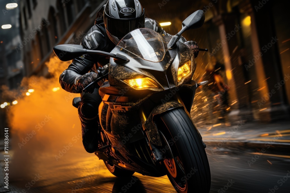 A fearless rider speeds through the city streets at night, the roar of their motorbike echoing off the buildings as they lean into each turn, their helmet shining under the streetlights