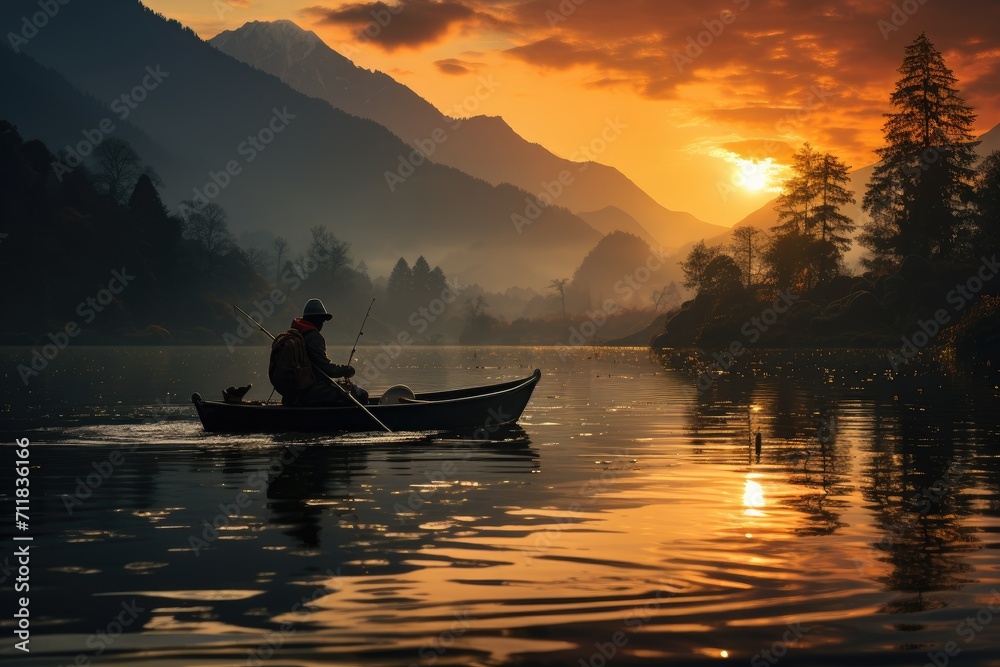 As the sun rises over the fog-covered lake, a solitary figure paddles their canoe towards the majestic mountains, surrounded by the tranquil beauty of nature