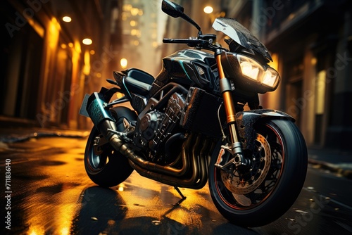 A sleek motorbike with shining wheels and a powerful engine sits parked on a rainy street, its disc brakes and suspension ready for a night ride through the urban landscape