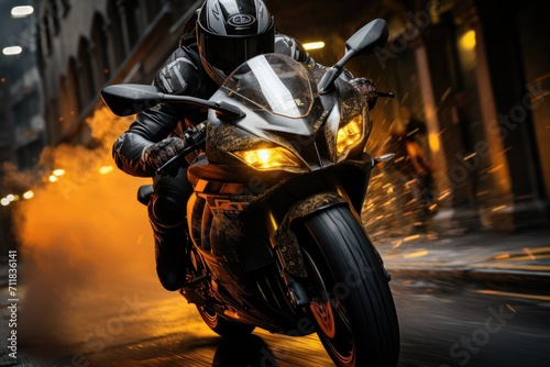 A fearless rider speeds through the city streets at night  the roar of their motorbike echoing off the buildings as they lean into each turn  their helmet shining under the streetlights