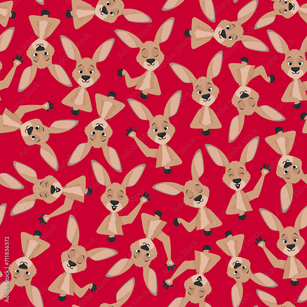Seamless pattern of kangaroos on a red background