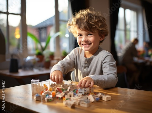 A curious young boy sits at a table indoors, mesmerized by the human face he has created with blocks in front of a window, his colorful clothing reflecting the playful innocence of childhood against 