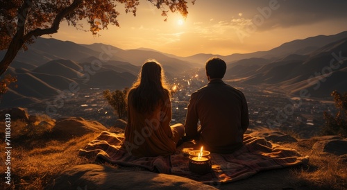 A couple sits peacefully on a blanket, gazing at the sprawling city below as the vibrant sunset paints the sky with hues of pink and orange, surrounded by towering mountains and billowing clouds, all