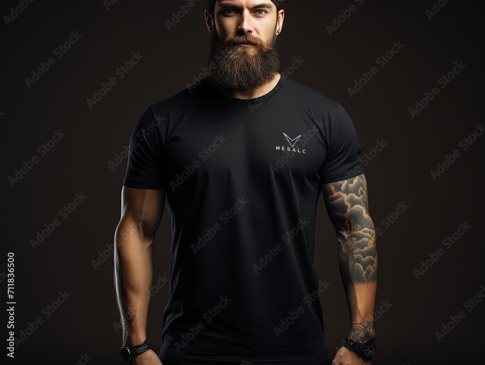 Young man isolated on gray textured wall, wearing black t-shirt, copy space for advertising. black t shirt mockup

