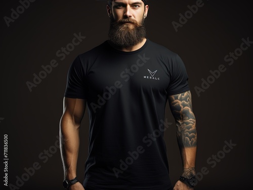 Young man isolated on gray textured wall, wearing black t-shirt, copy space for advertising. black t shirt mockup

