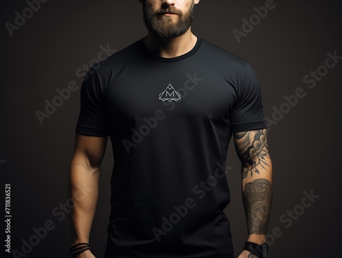 Young man isolated on gray textured wall, wearing black t-shirt, copy space for advertising. black t shirt mockup
