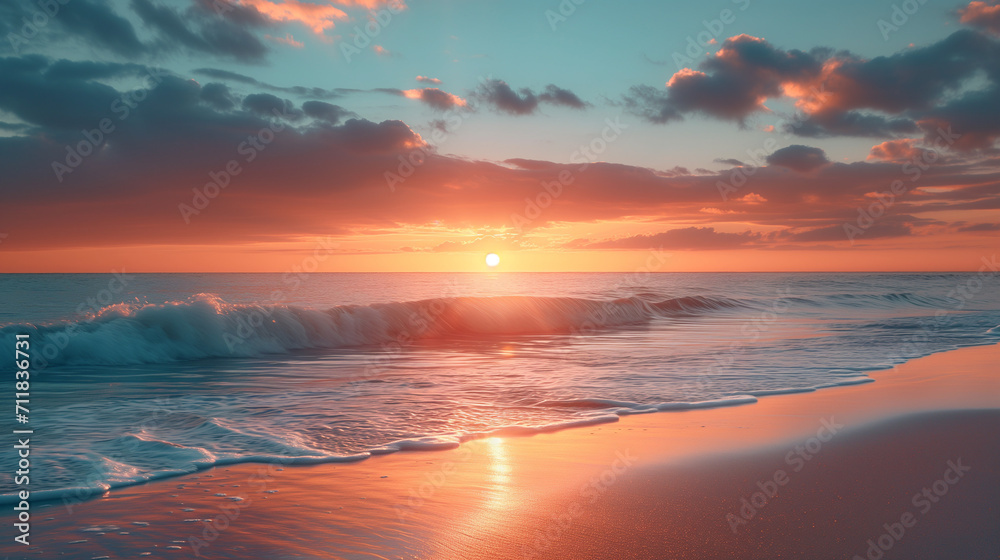vibrant sunset over sea, with colorful reflections shimmering on the waves