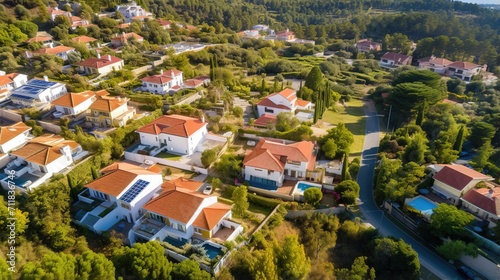 Aerial view of a residential neighborhood with swimming pools