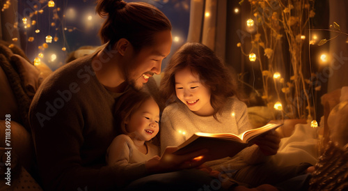 The Tender Connection of a Youthful Family Sharing a Fairy Tale with Their Children