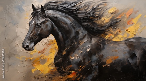 Digital painting of a black horse in motion, on abstract background. Ai generative.