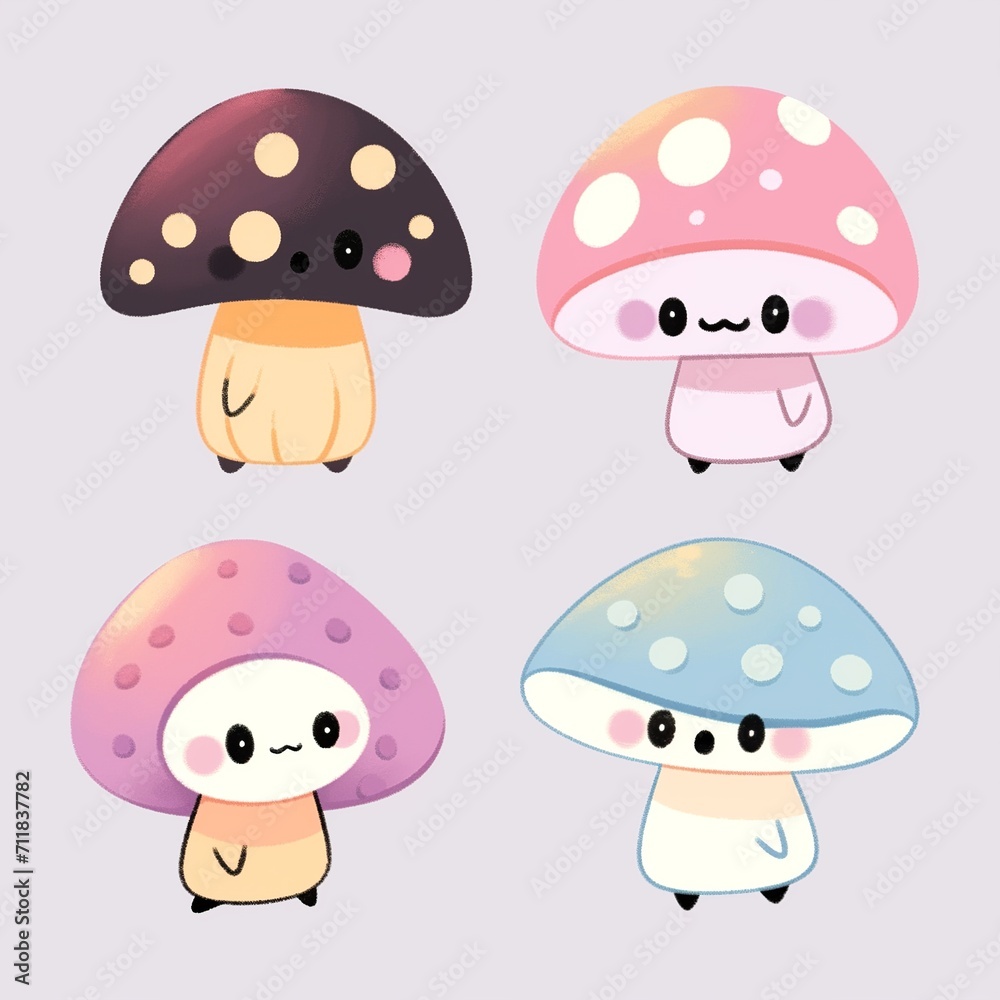 Cute Cartoon Mushrooms with Playful Expressions Cute Cartoon Mushrooms with Playful Expressions