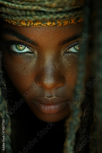 Beautiful african tribe woman  tribal markings  very detailed eye and iris . generative ai