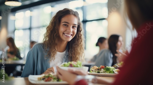 Happy And Smiling Female University Student Enjoying Healthy Lunch In Cafeteria. Generative AI