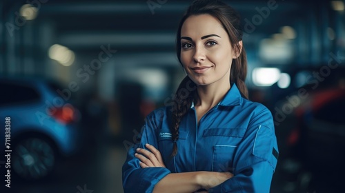 Uniformed Auto Service Female Mechanic Is Standing in Car Workshop, Smiling and Looking at Camera. Car Repair and Maintenance Concept. Generative AI. photo