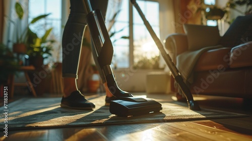 Close-up shot of a housewife using an electric vacuum cleaner. Created with Generative Ai technology.
