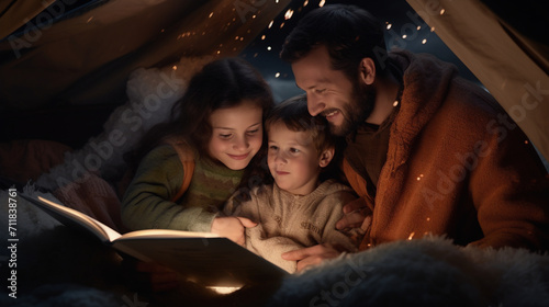 the love of a young family reading a fairy tale to their children
