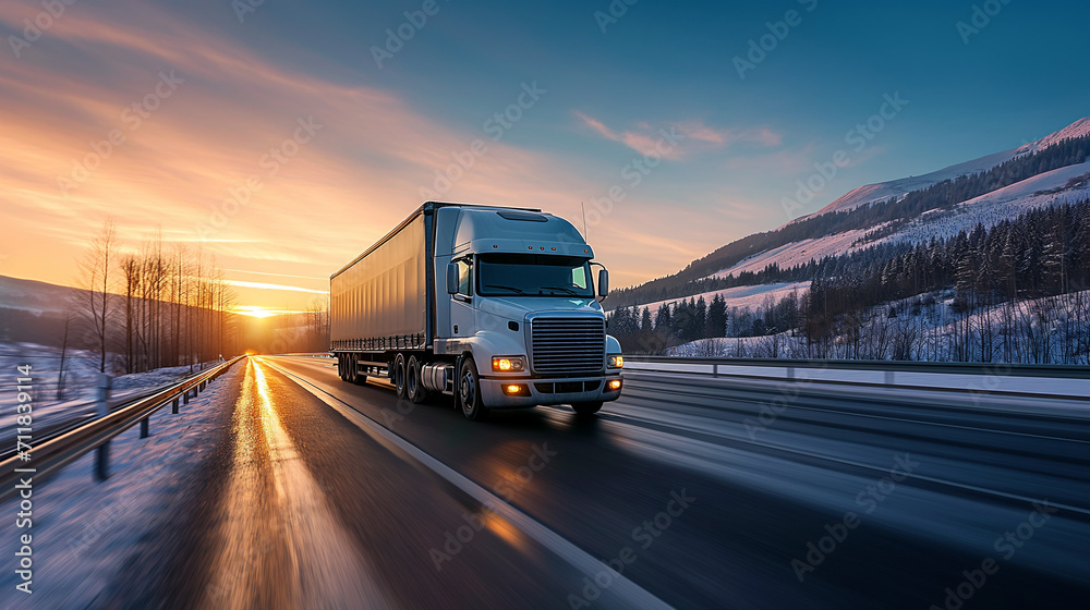 A freight truck moves swiftly on a snowy highway as the winter sun sets behind the hills, illuminating the cold landscape..