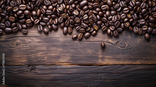 Roasted coffee beans on rustic brown wooden background