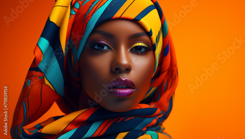 Beautiful black woman wearing makeup and a scarf on her head on an orange background