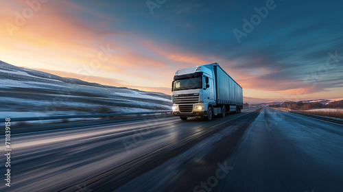 A freight truck moves swiftly on a snowy highway as the winter sun sets behind the hills, illuminating the cold landscape..
