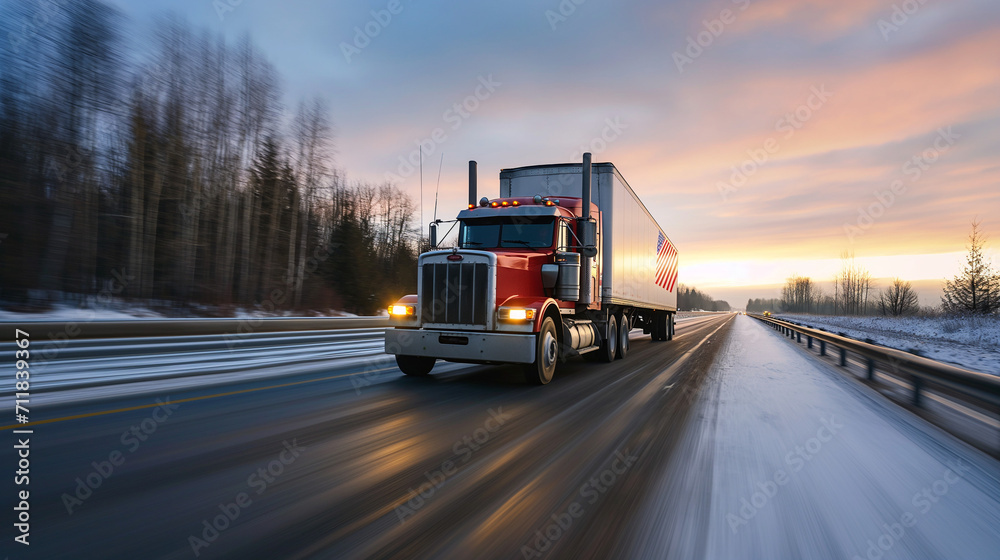Red semi-truck on snowy winter road at sunrise, showcasing commercial transport, freight logistics, cold weather driving, and scenic beauty.