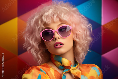 Beautiful fashion girl with sunglasses on a colorful background