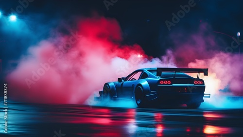 Drifting car on dark black background with smoke. Supercar in motion. Generative AI. photo