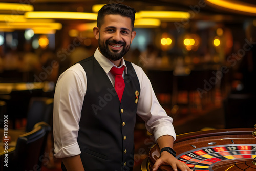 Casino worker next to a roulette wheel to bet
