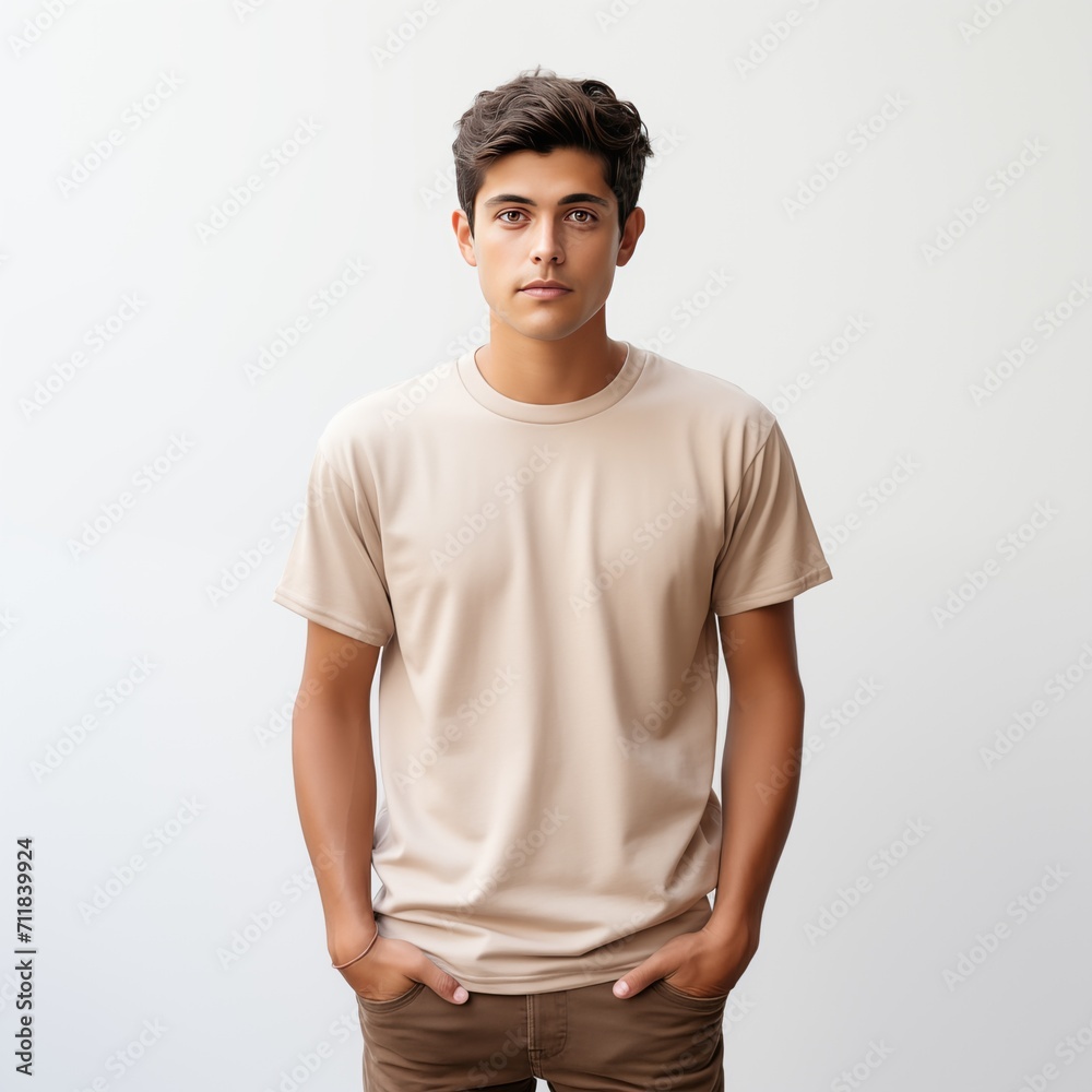 Full Body Studio Mockup with latin Man in Tan Color T-shirt