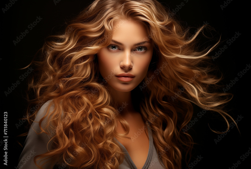 Beautiful woman with long blond hair on a black background