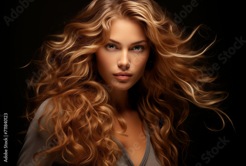 Beautiful woman with long blond hair on a black background