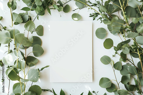 Overhead flat lay view of a blank white invitation stationery card with eucalyptus leaves photo