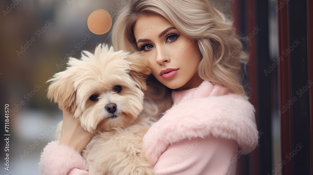 Glamorous Blonde with Lap Dog: Stylish Street Fashion Glamorous Blonde with Lap Dog: Stylish Street Fashion