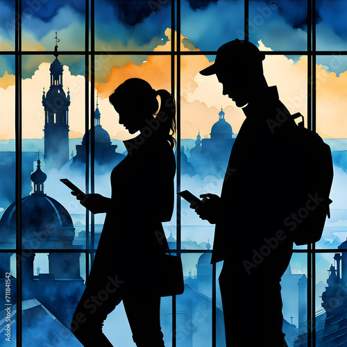 silhouette of man and woman using cell phone. addiction to technology. fomo, social media. illustration. lonely people photo
