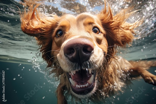 A majestic brown sporting dog breed gracefully swims underwater with its mouth agape, exuding a sense of freedom and adventure in the great outdoors