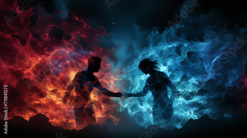 Two professional boxer boxing on color powder background, photo