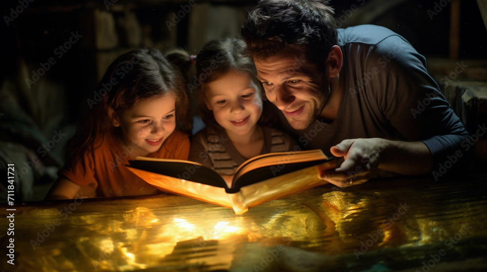 happy family reading book at home