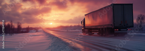 Winter road trucking with sunset, commercial transport, snow-covered highway, freight logistics, icy road, dusk light, cold climate, heavy vehicle. photo