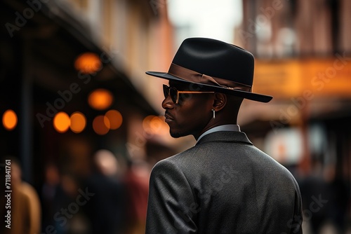 A stylish man dons a fedora and sunglasses as he walks the city streets, exuding confidence and adding a touch of intrigue to his outdoor attire