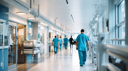 Motion Blur Shot Of Medical Staff Wearing Scrubs In Busy Hospital Corridor photo