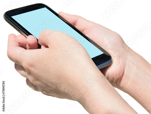 female hand holding smartphone, internet chat. Texting, correspondence concept on transparent, png