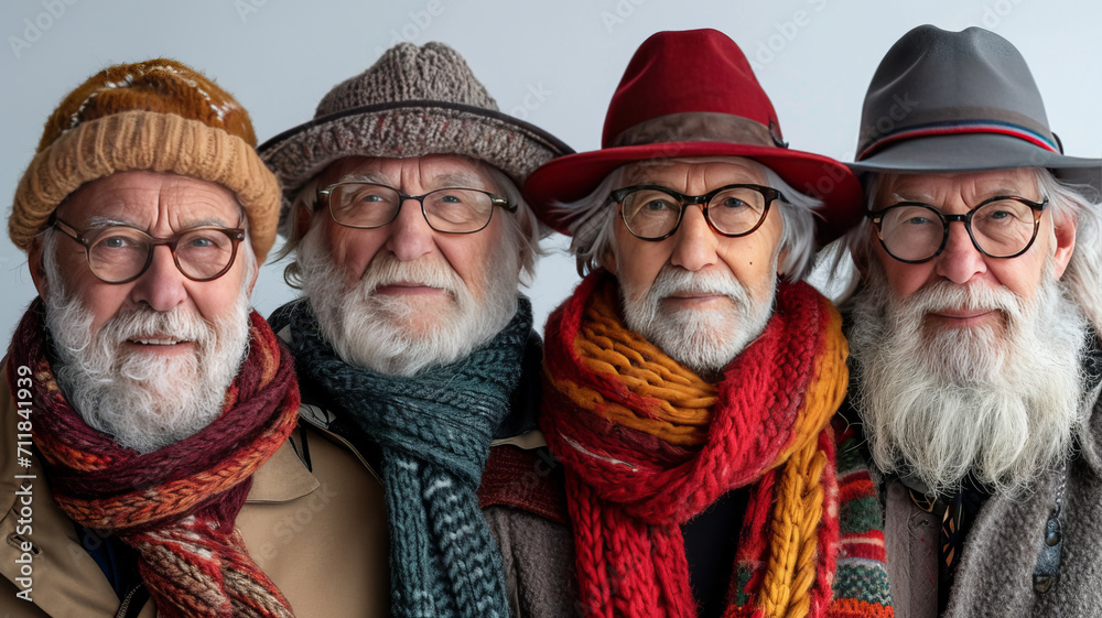 A group of elderly people in winter clothes smile looking at the camera  generative ai